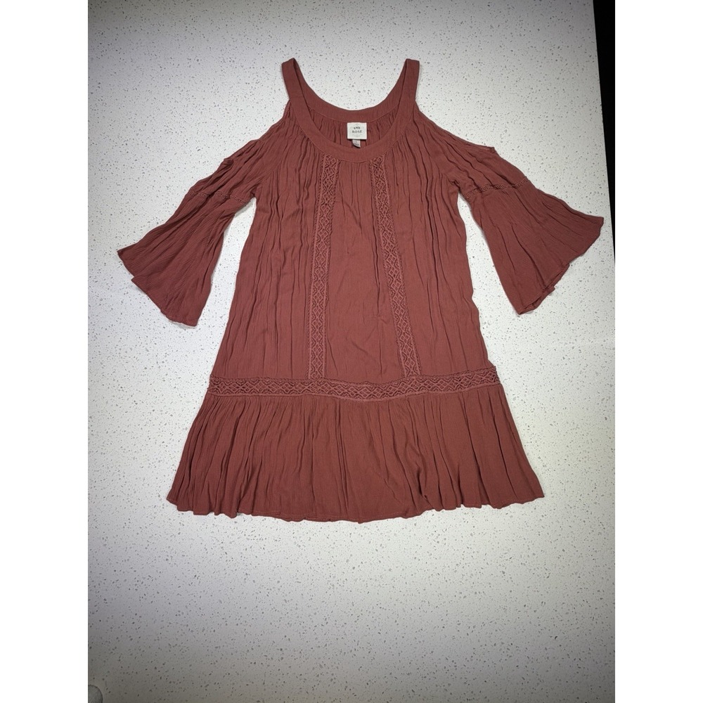Knox Rose L Cold Shoulder Crochet Accent Crinkle Dress Rust Scoop Neck Short